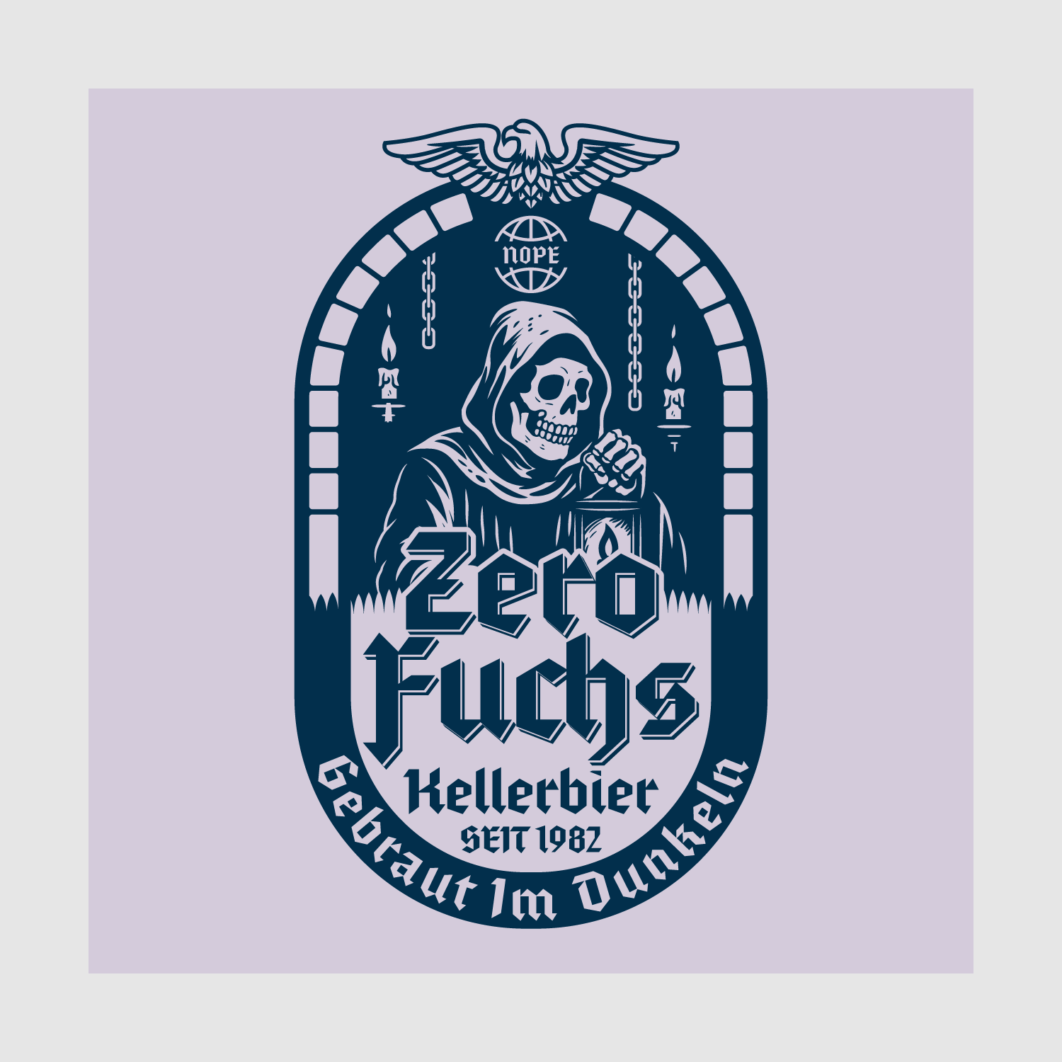 Close-up of the navy and lavender Zero Fuchs Kellerbier parody label design featuring hooded monk, lantern, and gothic beer label framing.