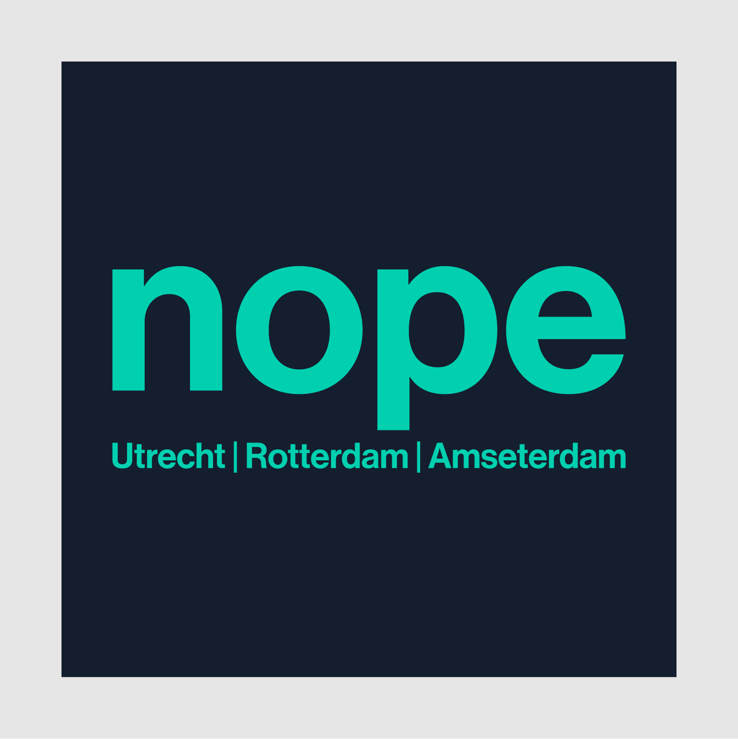 Front Graphic View: Nopehaus Zoned navy sweatshirt with small “nope” city logo on left chest – Utrecht, Rotterdam, Amsterdam