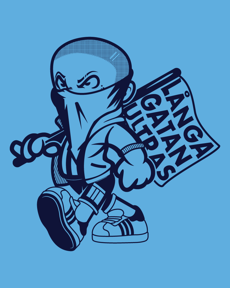 Dark navy version of the Långa Gatan Ultras supporter mascot holding a flag.