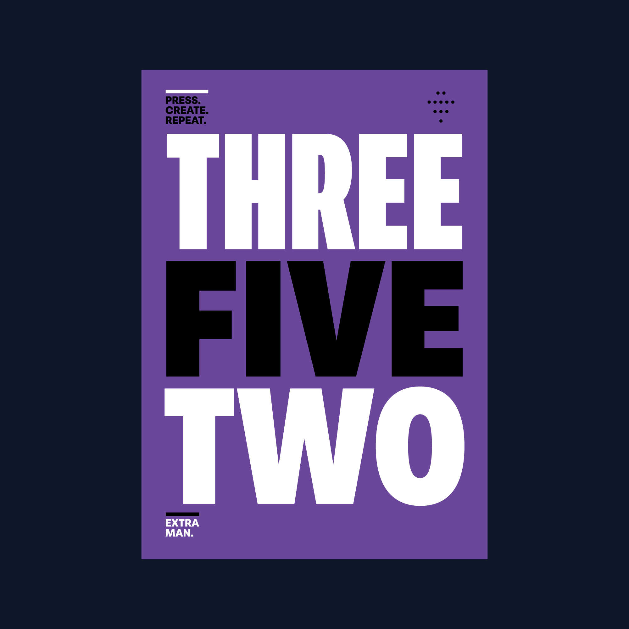 3-5-2 football formation poster in purple, black and white featuring the slogan Press. Create. Repeat. and the phrase Extra Man.