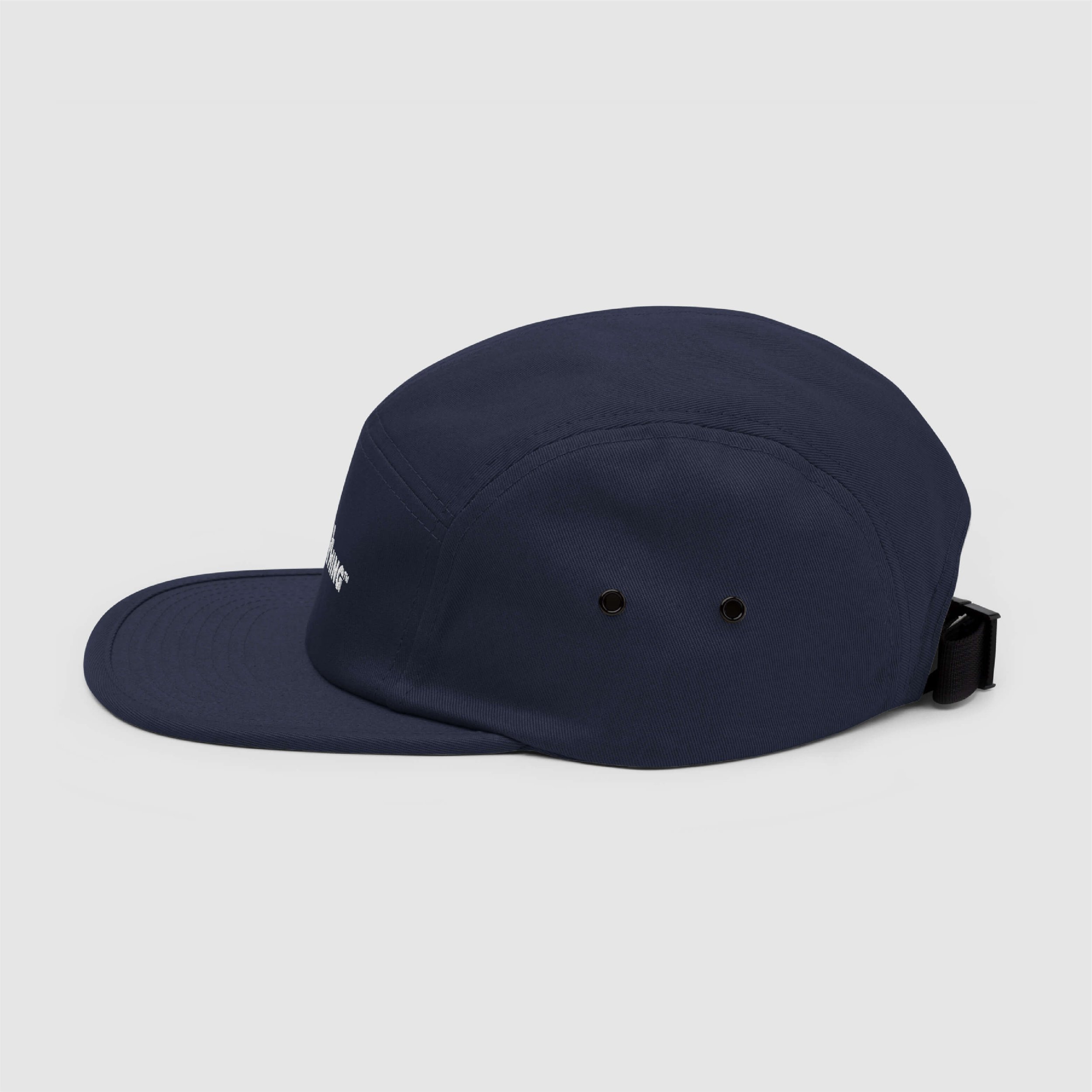 Side profile of Feel Nothing™ five panel cap with ventilation eyelets and flat brim