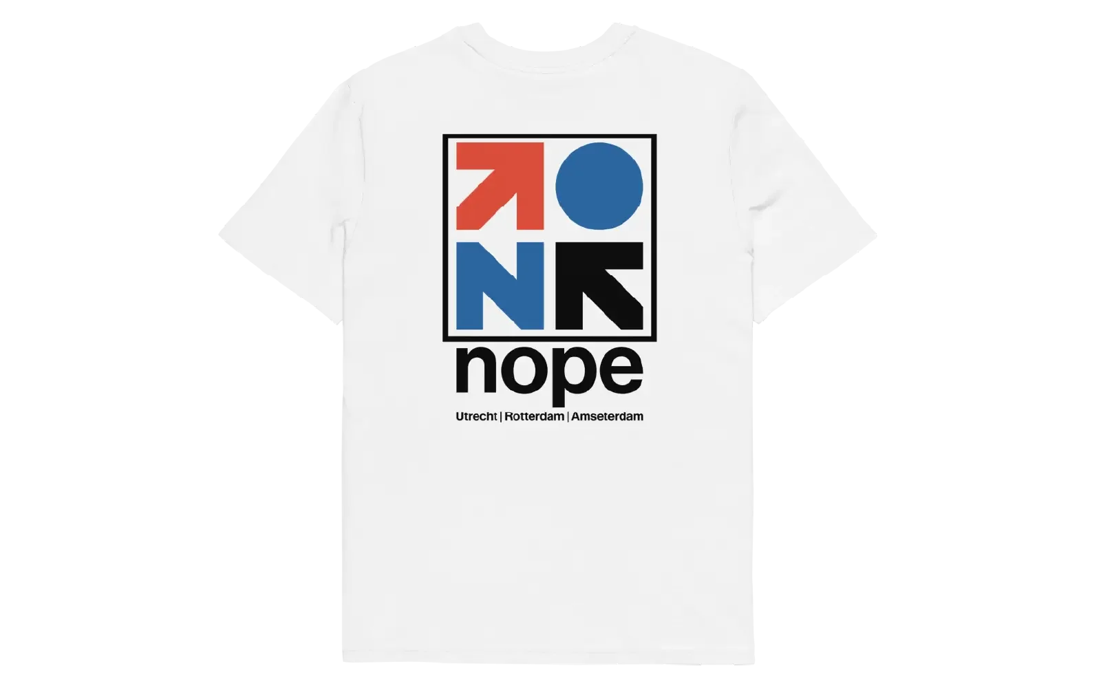 A white T-shirt with a graphic design featuring four colored arrows and circles arranged in a square, with the word 'nope' underneath, and the names 'Utrecht,' 'Rotterdam,' and 'Amsterdam' below.