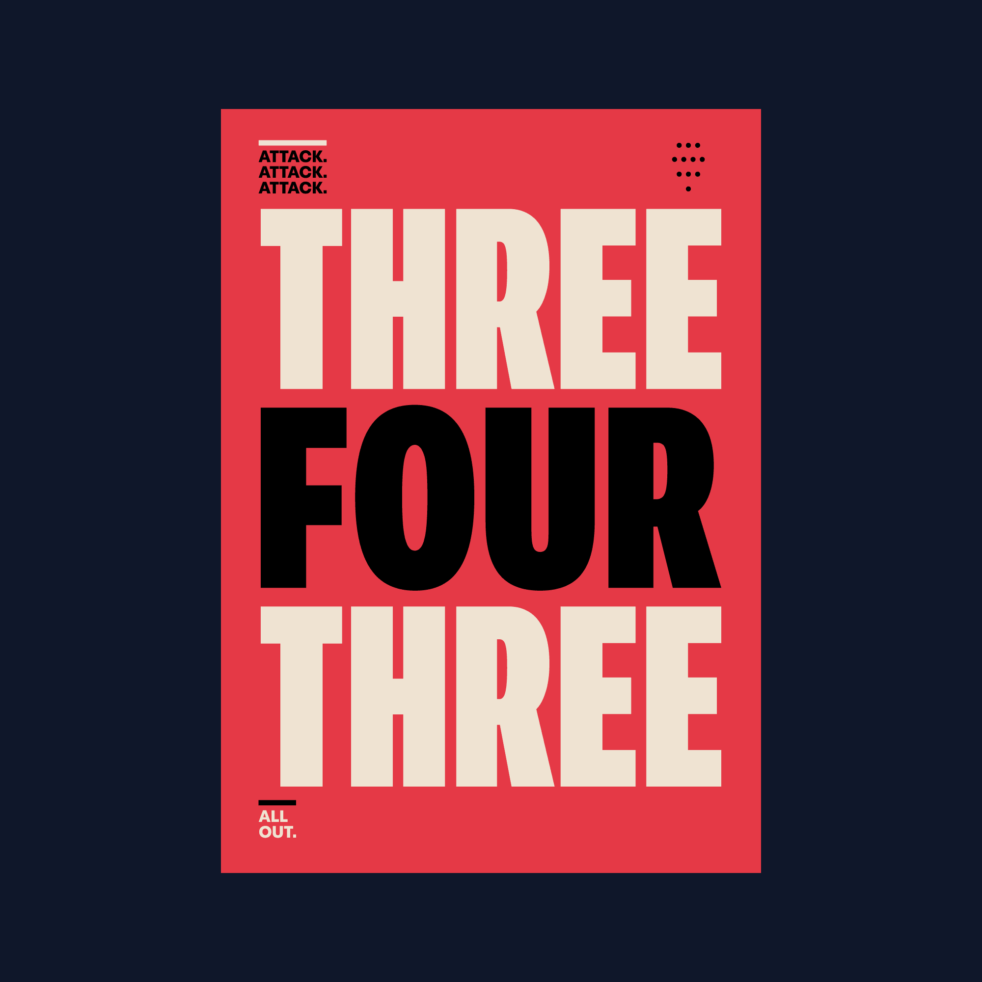 3-4-3 football formation poster print mockup celebrating attacking football, high pressing tactics and modern football design.