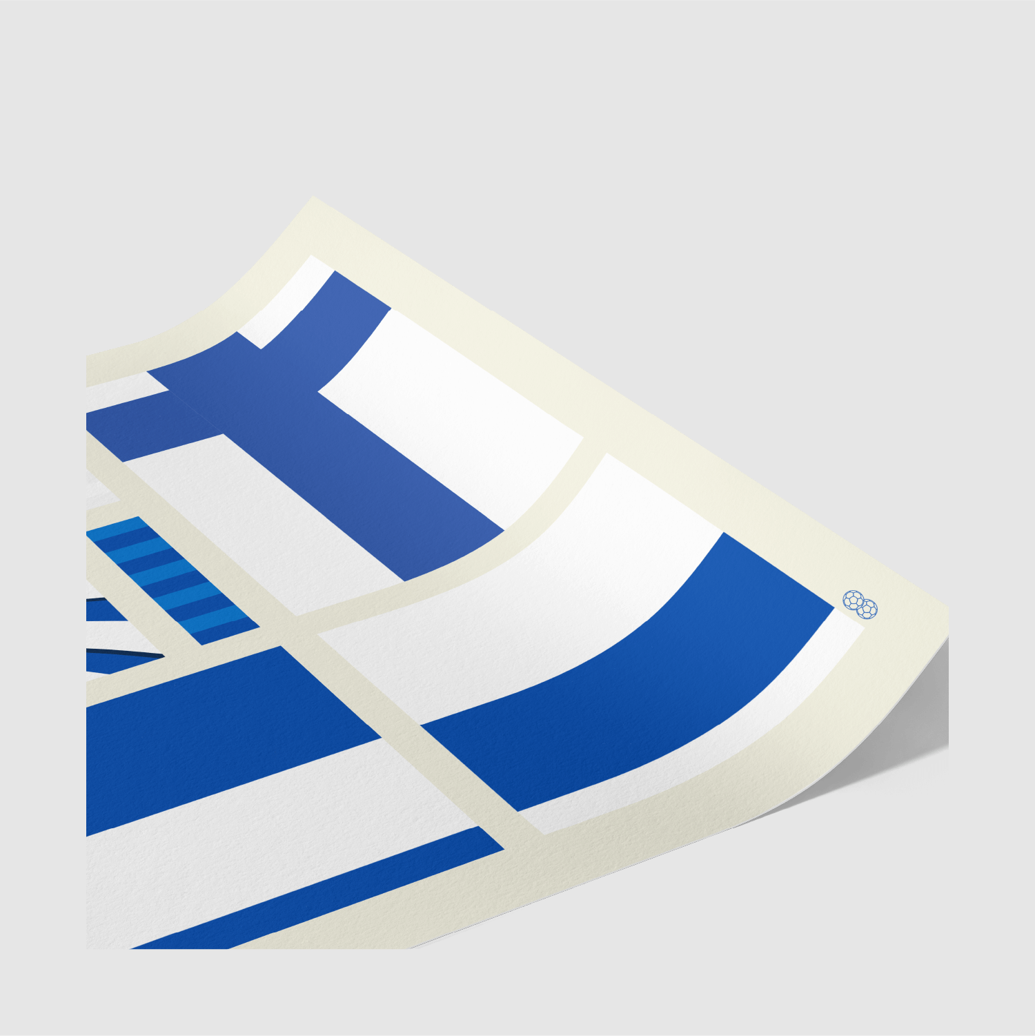 Angled view of Finland Fabric of Football print highlighting clean stripes and modern geometric shapes