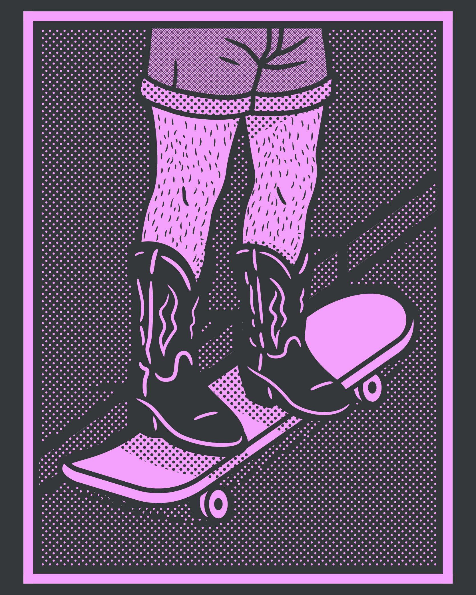 Parody skateboard illustration of a skater wearing cowboy boots and denim shorts — bold artwork from the Too Classy to Kickflip parody series by Mr. Nope.