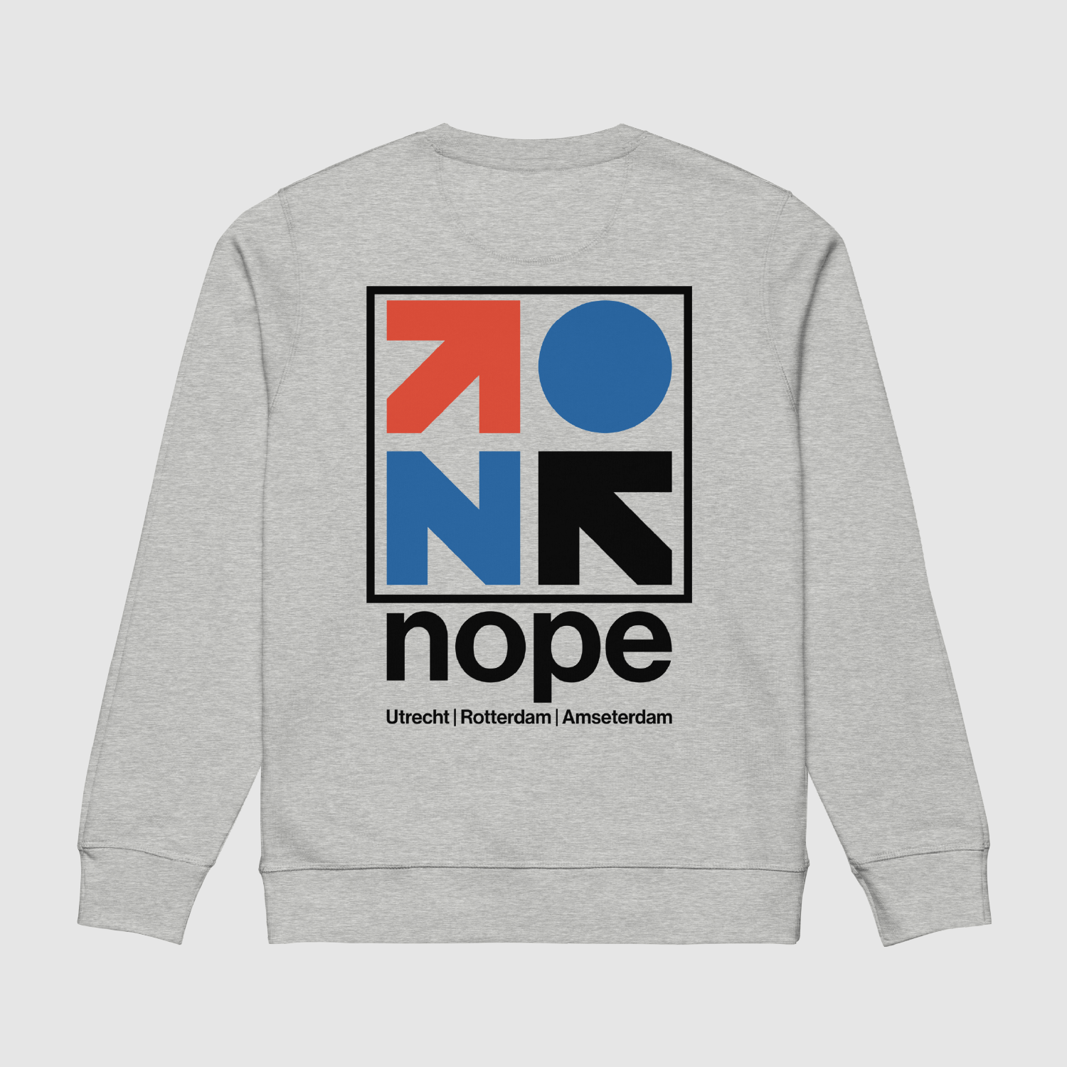 Back Graphic View: Nopehaus grey sweatshirt with large modular back graphic – red, blue, and black elements
