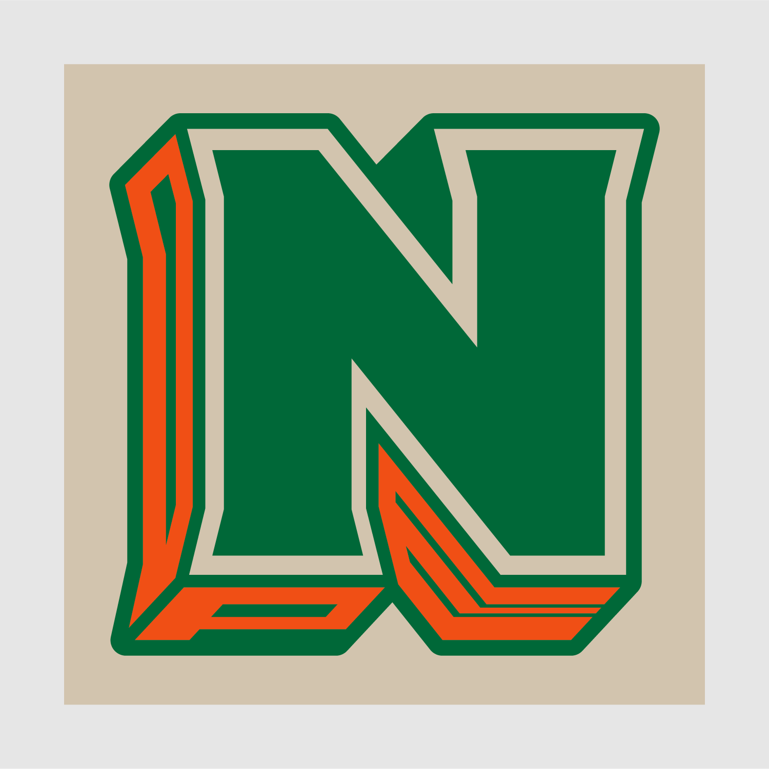 Close-up of 3D “N” logo with shadow-embedded “ope” – green and orange on tan