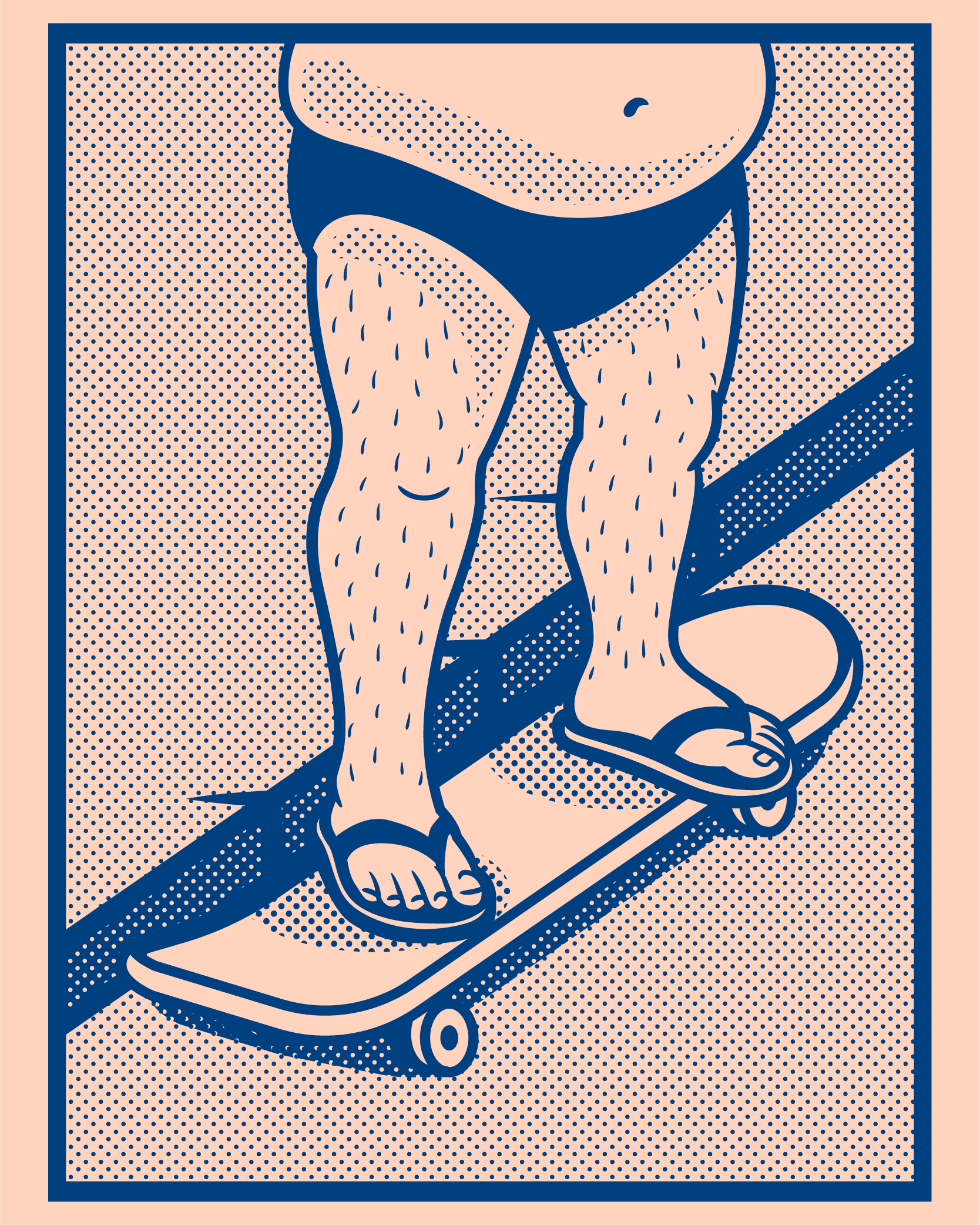 Parody skateboard illustration of a skater in flip-flops and underwear on a board — satirical artwork from the Too Classy to Kickflip series by Mr. Nope.