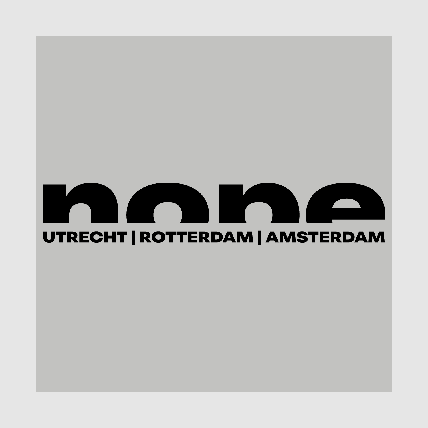 Bold black Nope text logo with Utrecht, Rotterdam, Amsterdam city names underneath – graphic detail on grey background