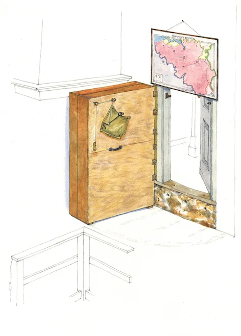 The bookcase and map that covered the doorway into the Secret Annex. (Illustration by Huck Scarry from p. 21 of All About Anne © Anne Frank House)
