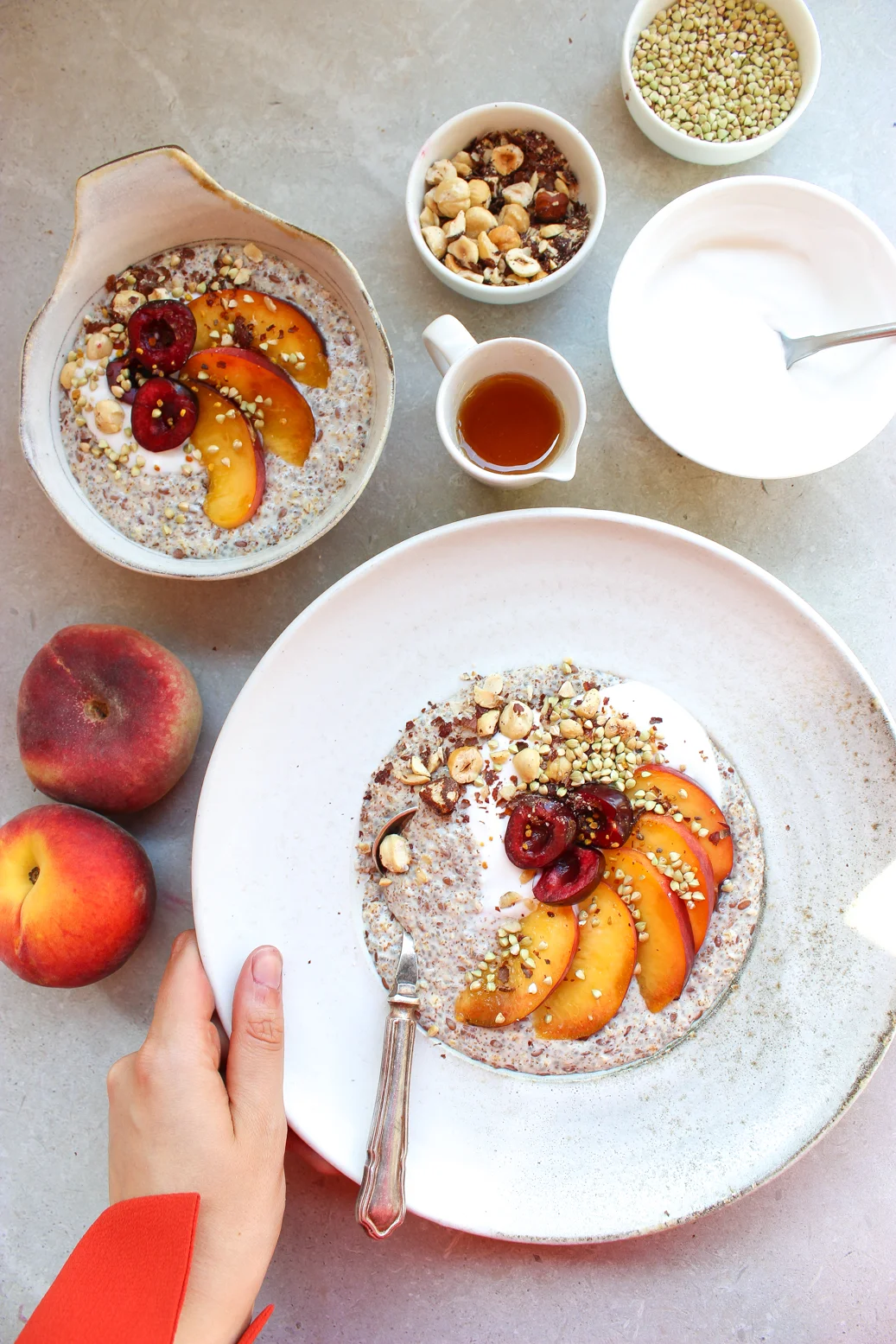 BREAKFAST IS SERVED! TEFF PORRIDGE PEACHES + CHERRIES