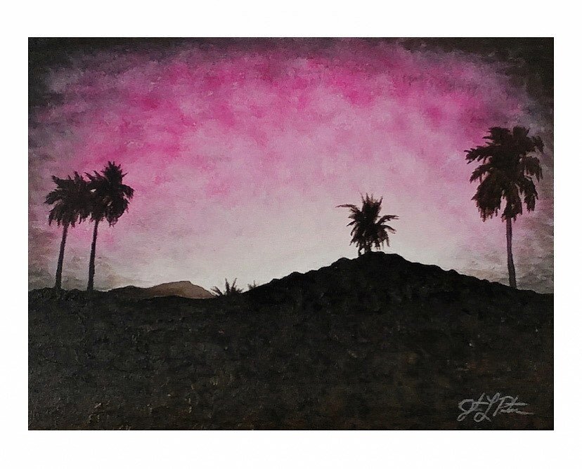 While we are on the palm trees kick, this is a previous creation of mine that is available at www.justinpetersenartwork.com. The evening silhouette of the desert trees make for a lovely visual. 12x16 acrylic on stretched canvas. Enjoy!

#palmtrees #d