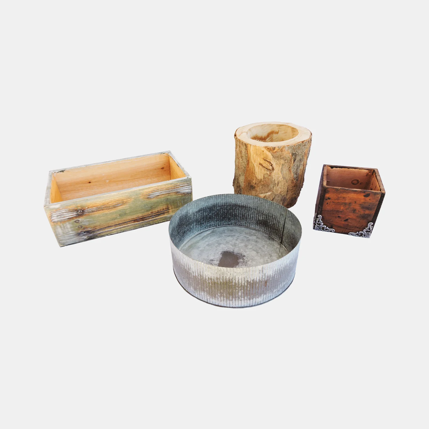 Assorted Wood and Tin Planter Rentals