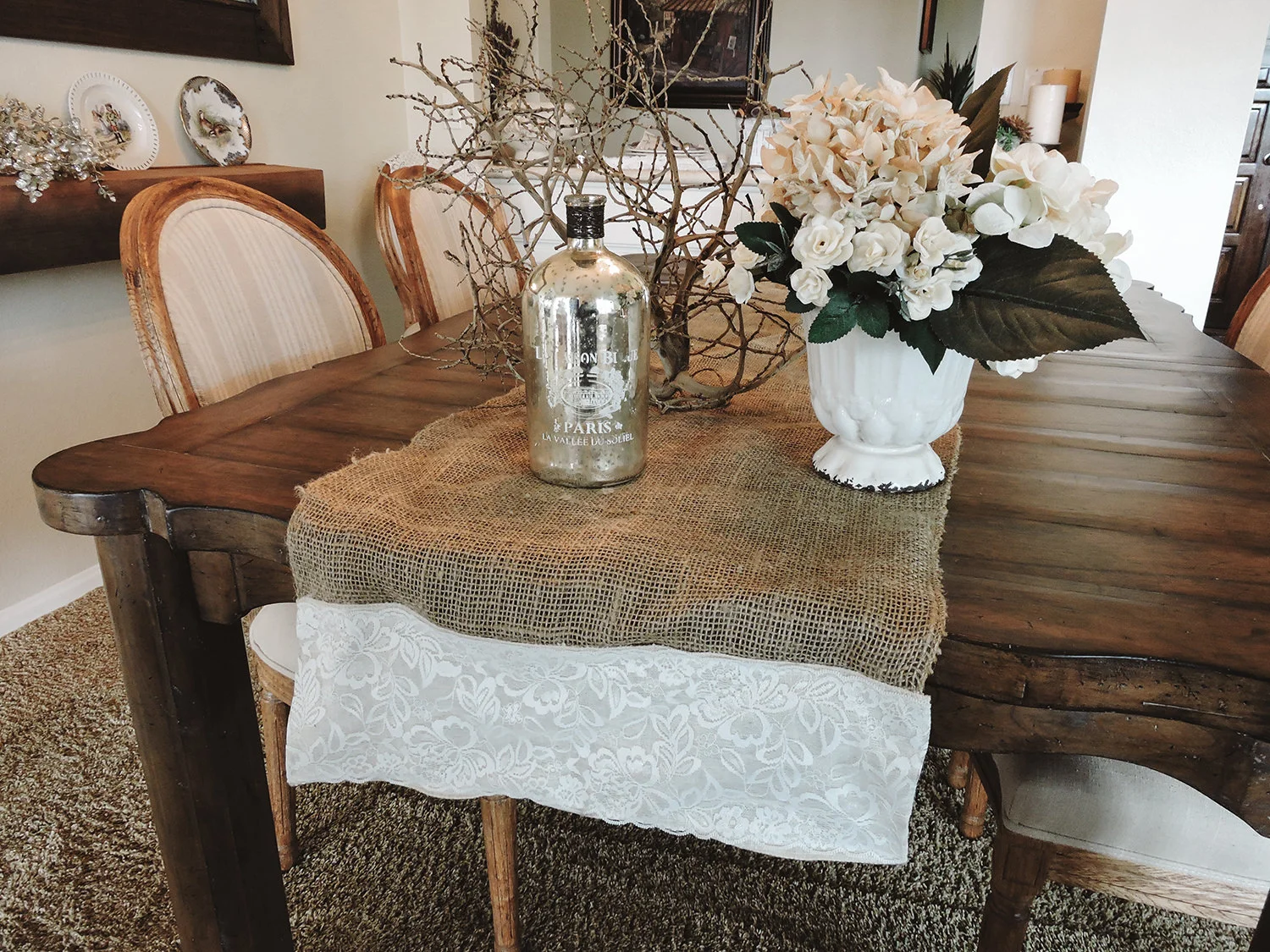 Table set with Burlap and Lace Table Runner