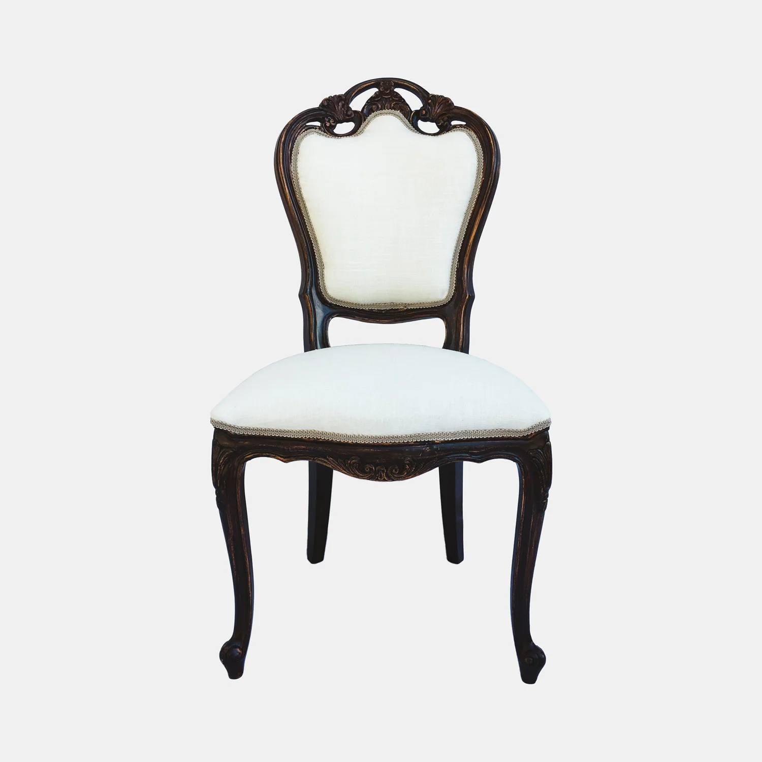 White Fabric-Brown Wood Vintage Chair Rental