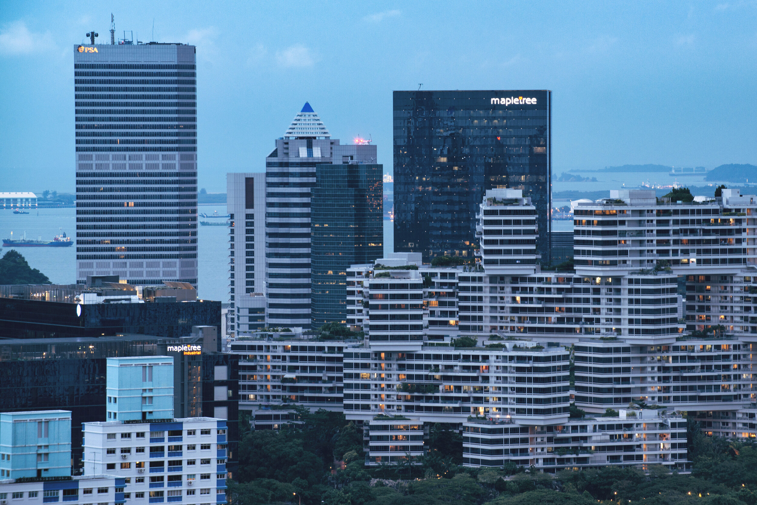  An aerial view of commercial and residential buildings are seen shortly after sunset in southern Singapore 