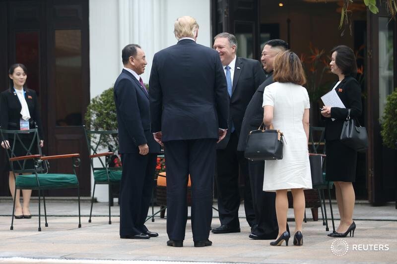  North Korea's leader Kim Jong Un, U.S. President Donald Trump, Kim Yong Chol, Vice Chairman of the North Korean Workers' Party Committee, and U.S. Secretary of State Mike Pompeo talk while Kim Yo Jong, sister of North Korea's leader Kim Jong Un and 
