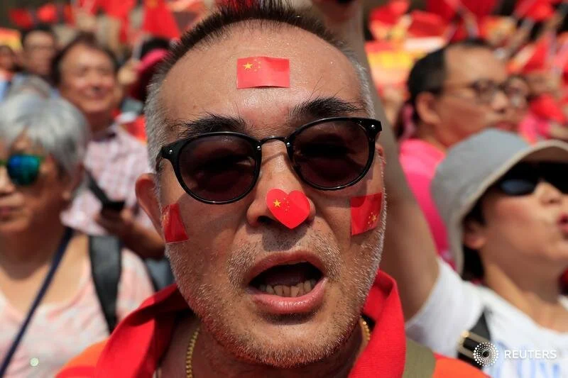  A Pro-China supporter reacts during a rally at the Hong Kong Cultural Centre in Hong Kong, China, September 29, 2019. REUTERS/Jorge Silva  