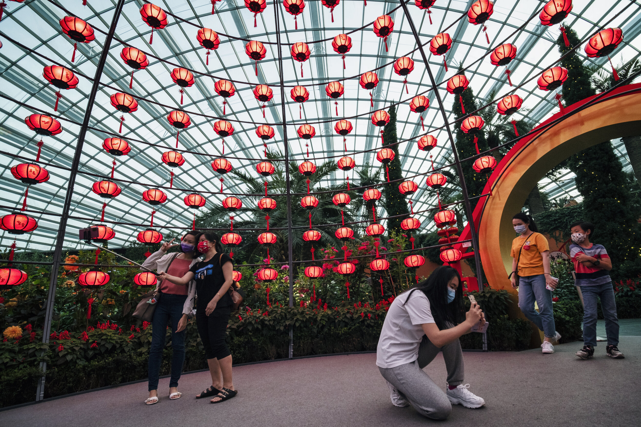  Visitors take pictures during the annual Dahlia Dreams floral display ahead of the Chinese Lunar New Year of the Ox, otherwise known as the Spring Festival, at Singapore's Gardens by the Bay, January 31, 2021. REUTERS/Loriene Perera 