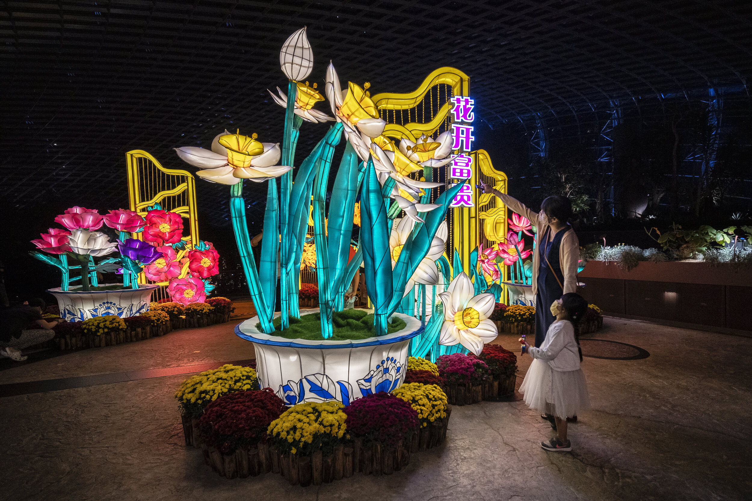  Visitors wearing face masks look at light sculptures of flowers during the annual Dahlia Dreams floral display ahead of the Chinese Lunar New Year of the Ox, otherwise known as the Spring Festival, at Singapore's Gardens by the Bay, January 31, 2021