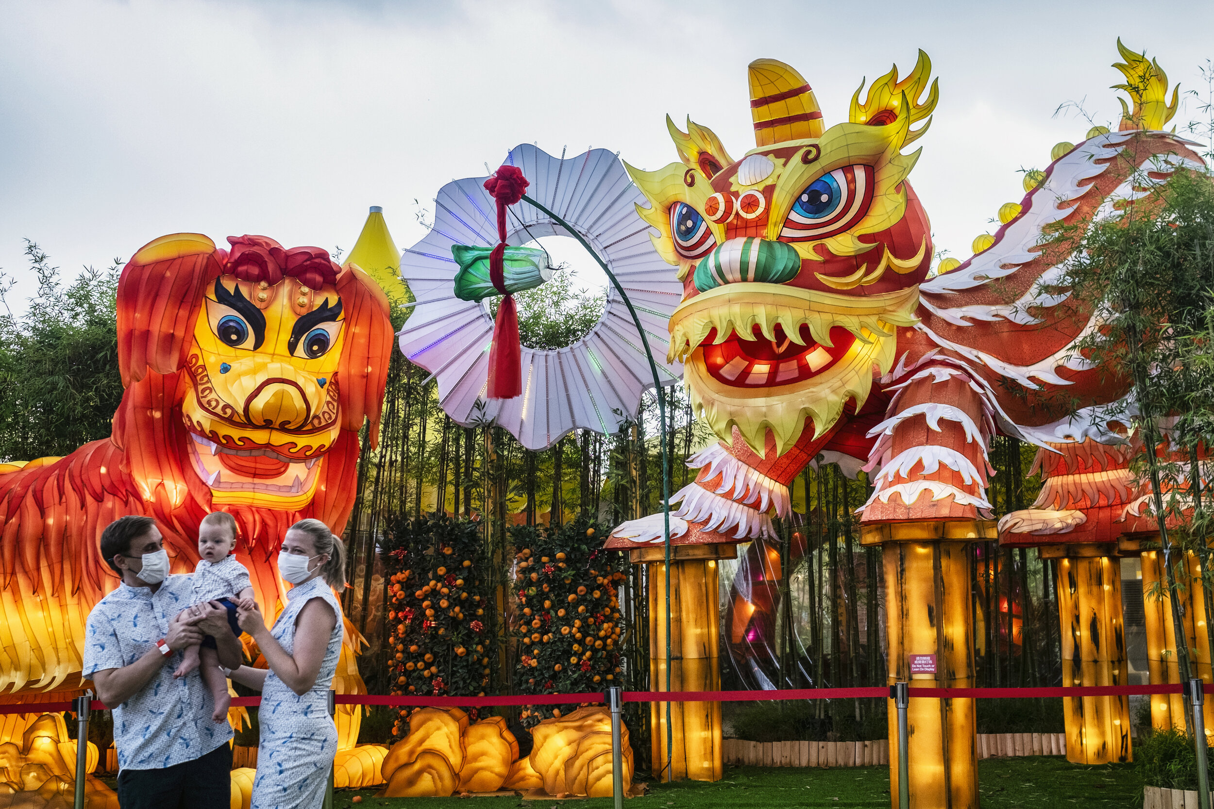  A family poses in front of a lantern display depicting traditional Northern and Southern Chinese lion dance costumes during the annual River Hongbao festival on the eve of the Chinese Lunar New Year of the Ox, otherwise known as the Spring Festival,