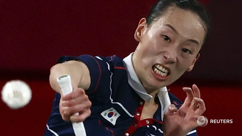  Tokyo 2020 Olympics - Badminton - Women's Doubles - Semifinal - MFS - Musashino Forest Sport Plaza, Tokyo, Japan – July 31, 2021.  Lee So-Hee of South Korea in action during the match with Shin Seung-Chan of South Korea against Greysia Polii of Indo