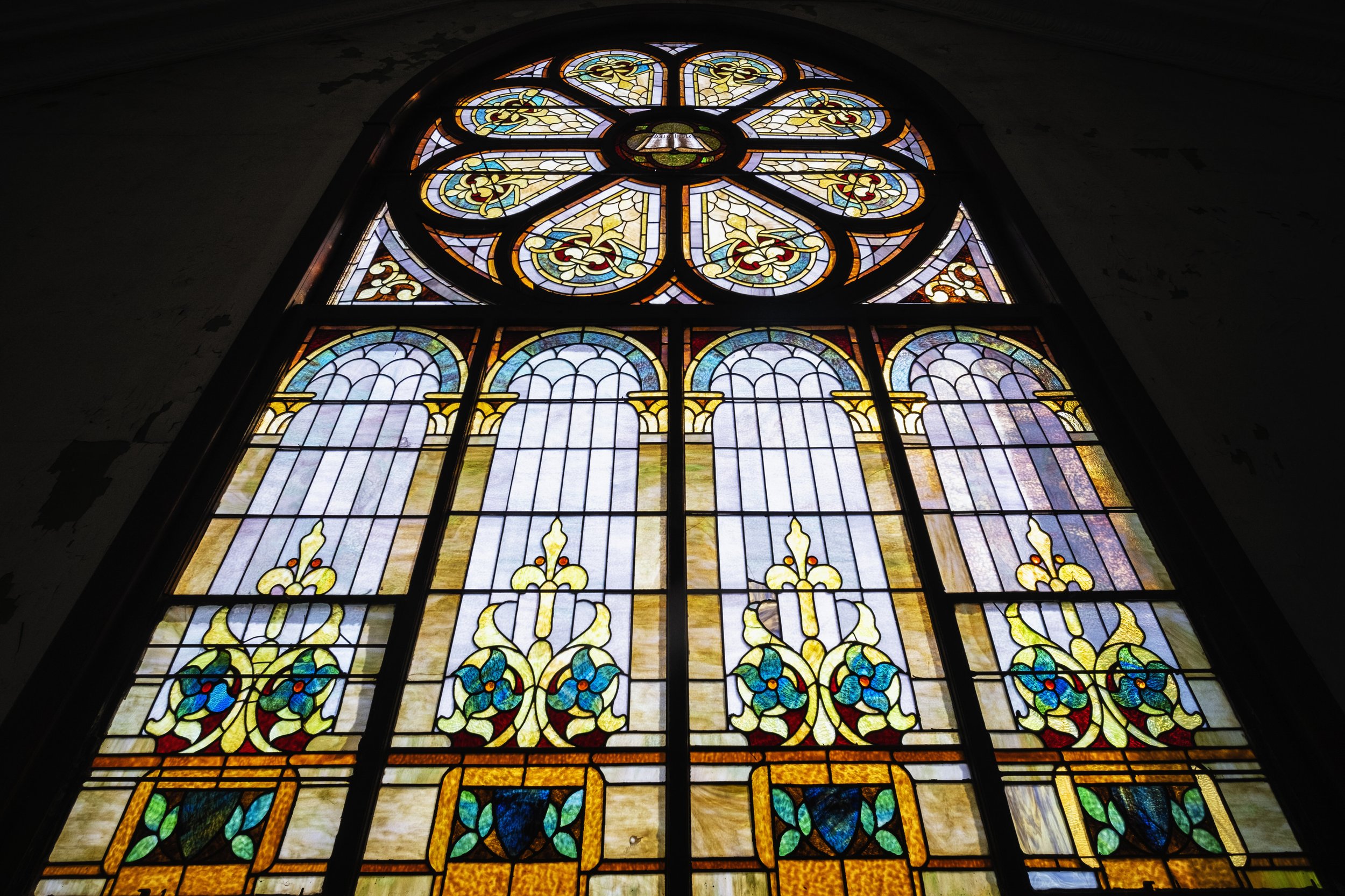  Stained glass windows are seen inside Mount Zion Baptist Church in Athens, Ohio Thursday April 20, 2023. According to Mount Zion Baptist Church Preservation Society, the church was built with funds and land contributed by Black hotelier Edward Berry