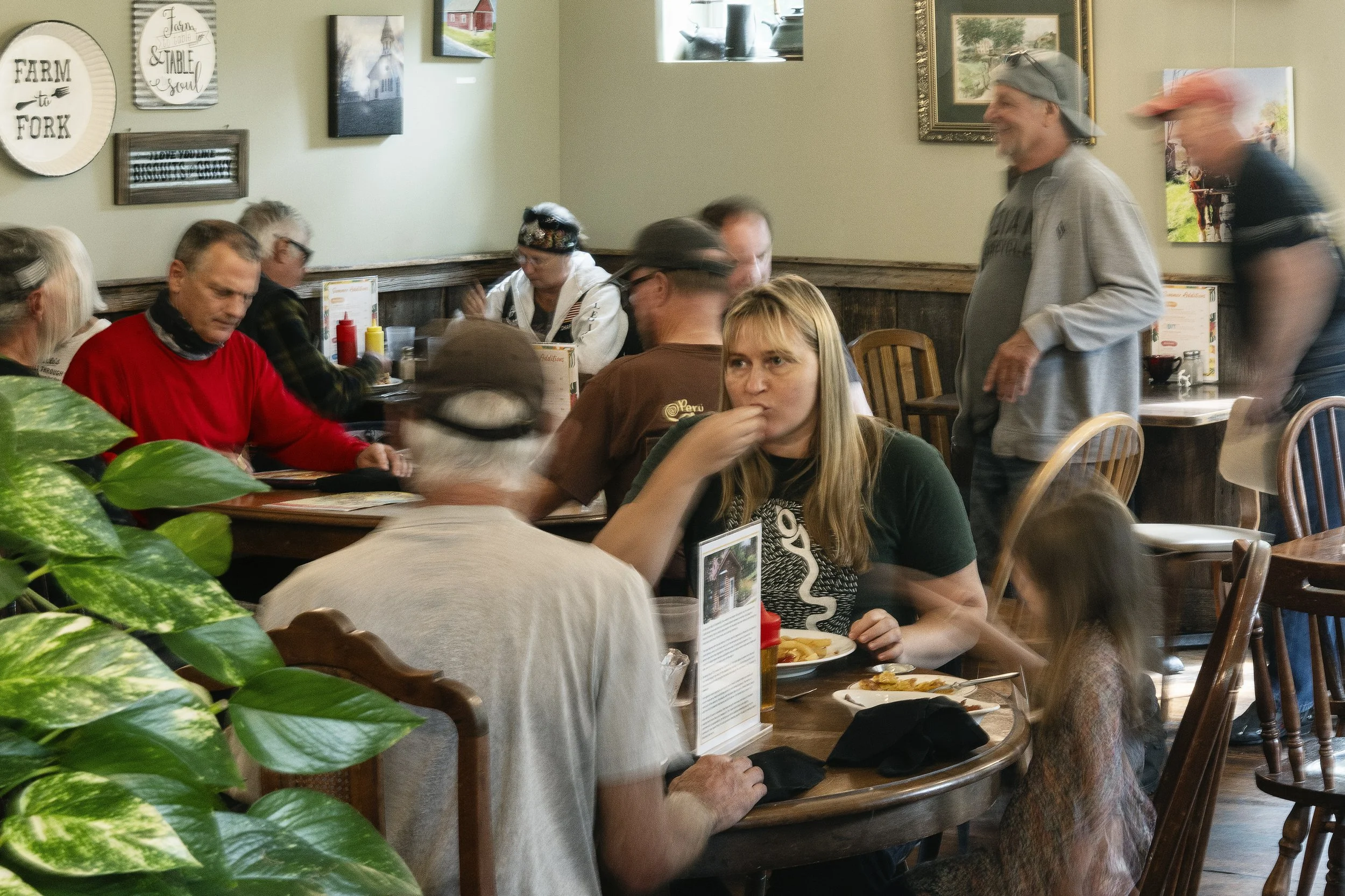  Customers eat lunch at the Triple Nickel Diner in Chesterhill, Ohio, on Friday, Sept. 2, 2025. According to co-founder Rosie Berardi, the diner sees its busiest season in summer and fall, when motorcyclists from around the country ride along State R