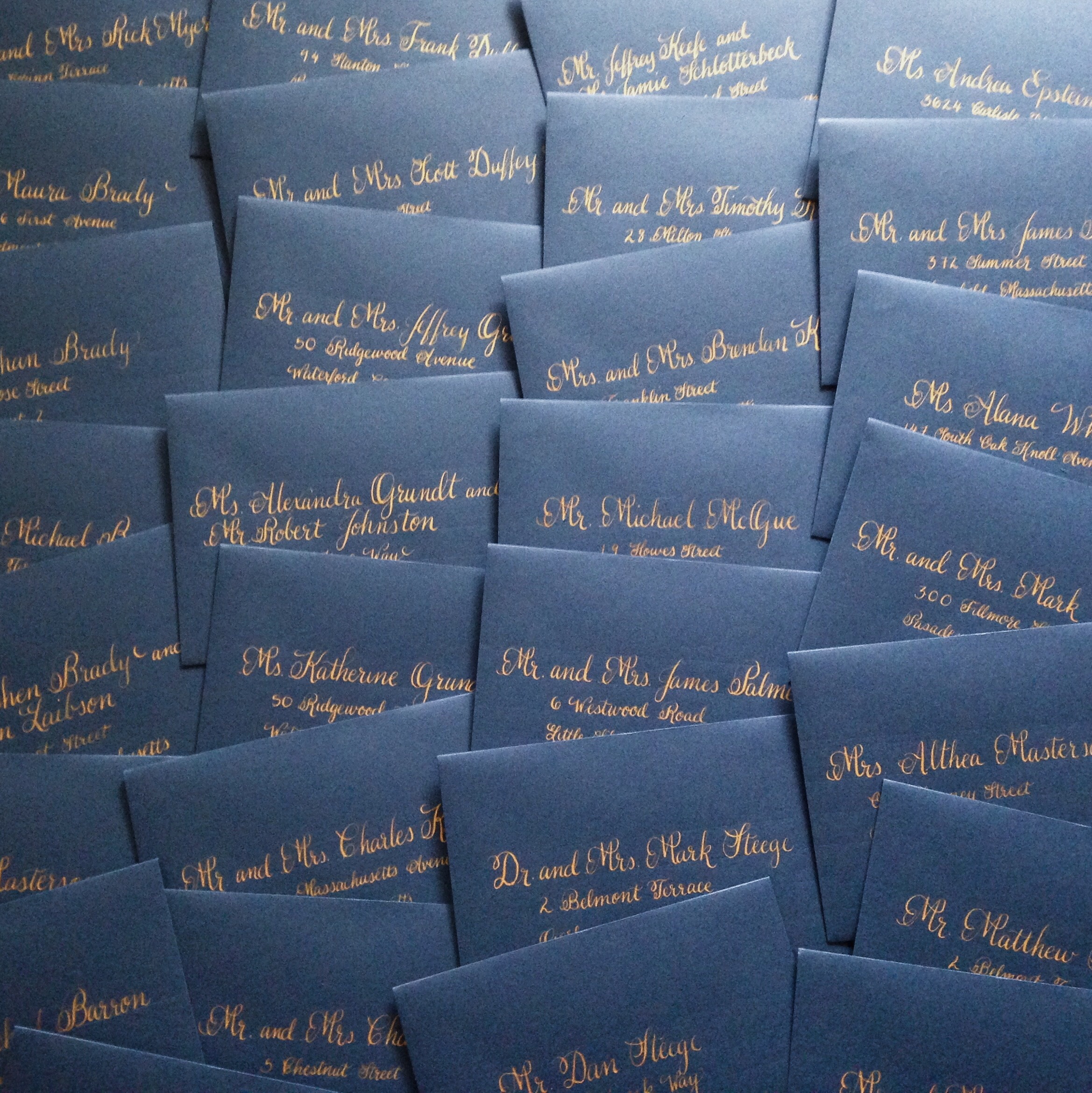  Navy envelopes with gold calligraphy :: Opaline Lettering 