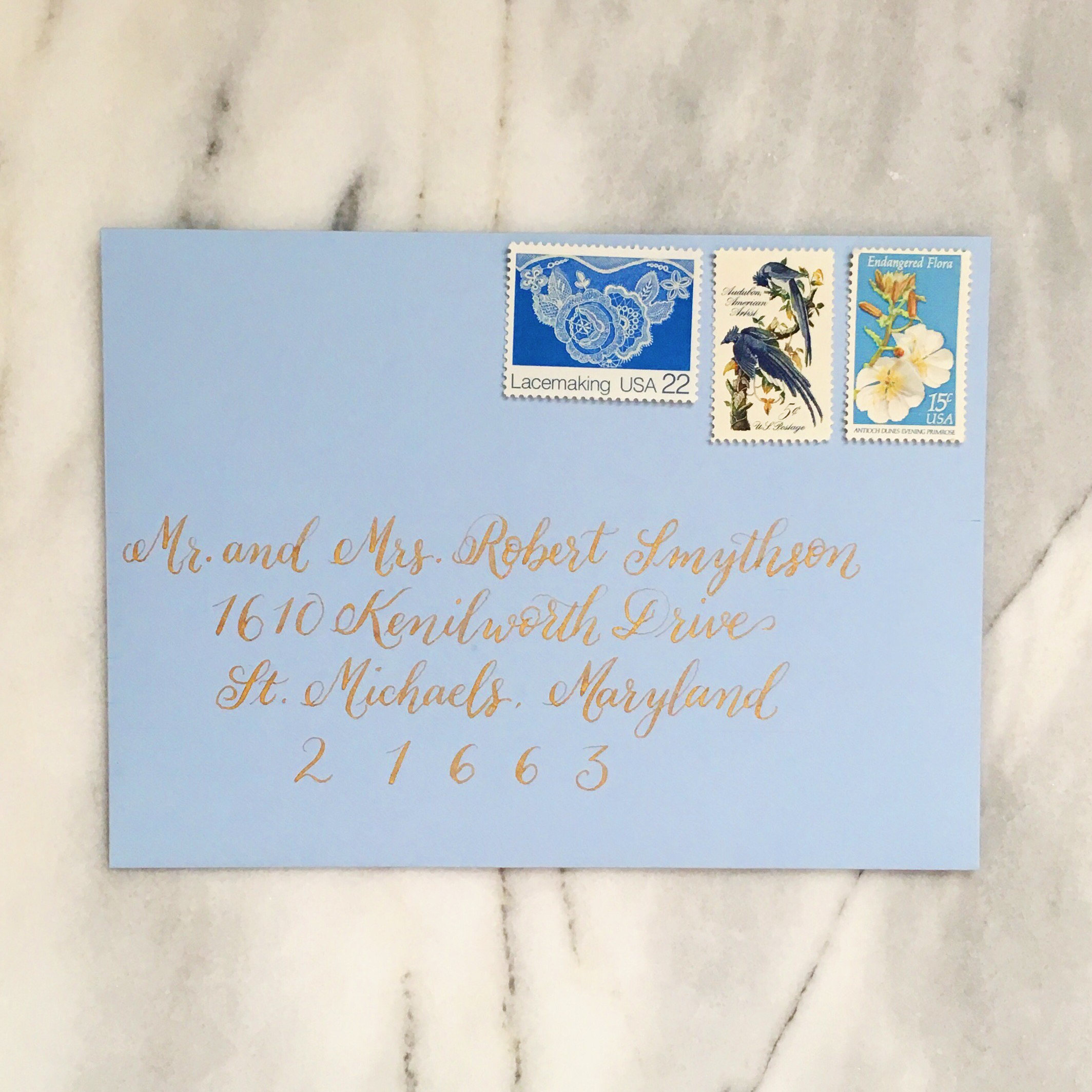  Light blue envelope with gold calligraphy :: Opaline Lettering 