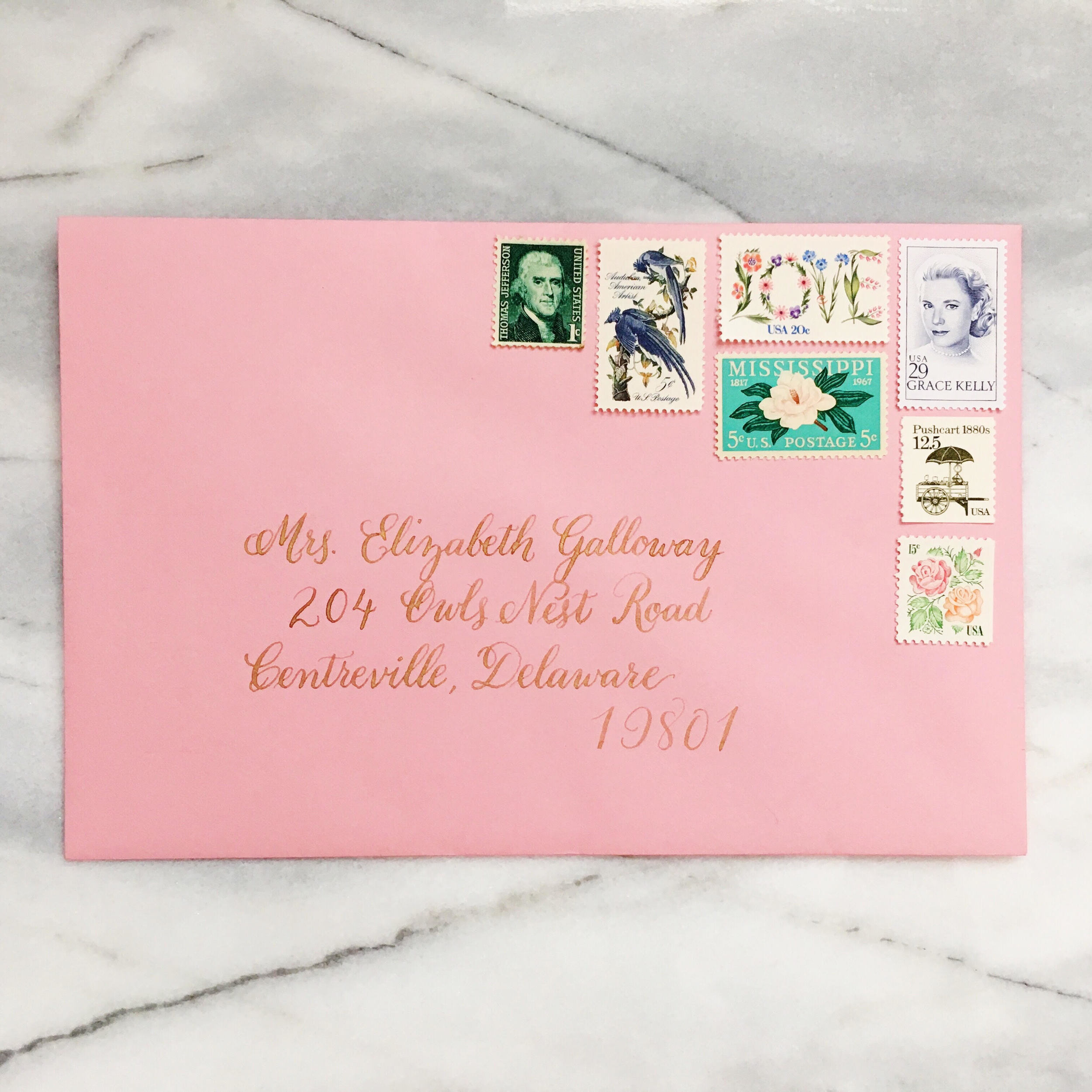  Pink envelope with gold calligraphy :: Opaline Lettering 