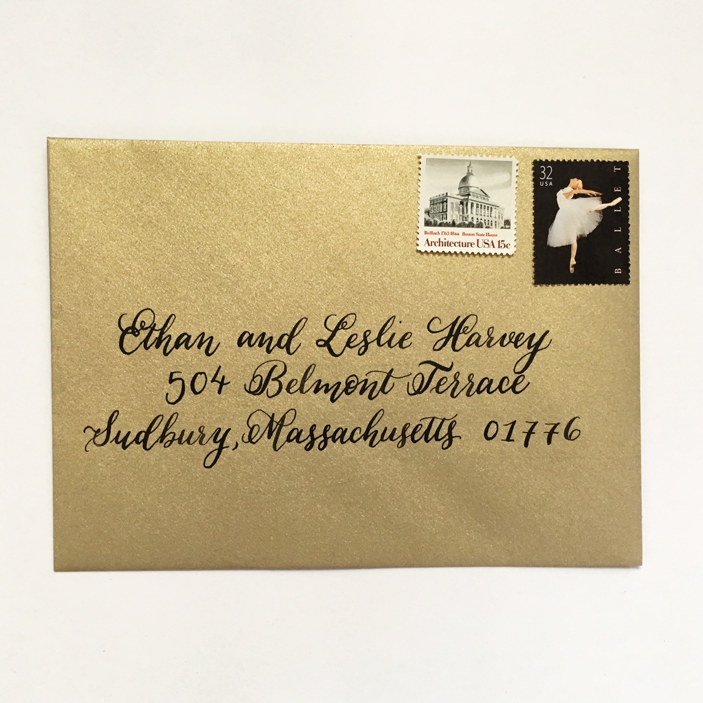  Gold envelope with black calligraphy :: Opaline Lettering 