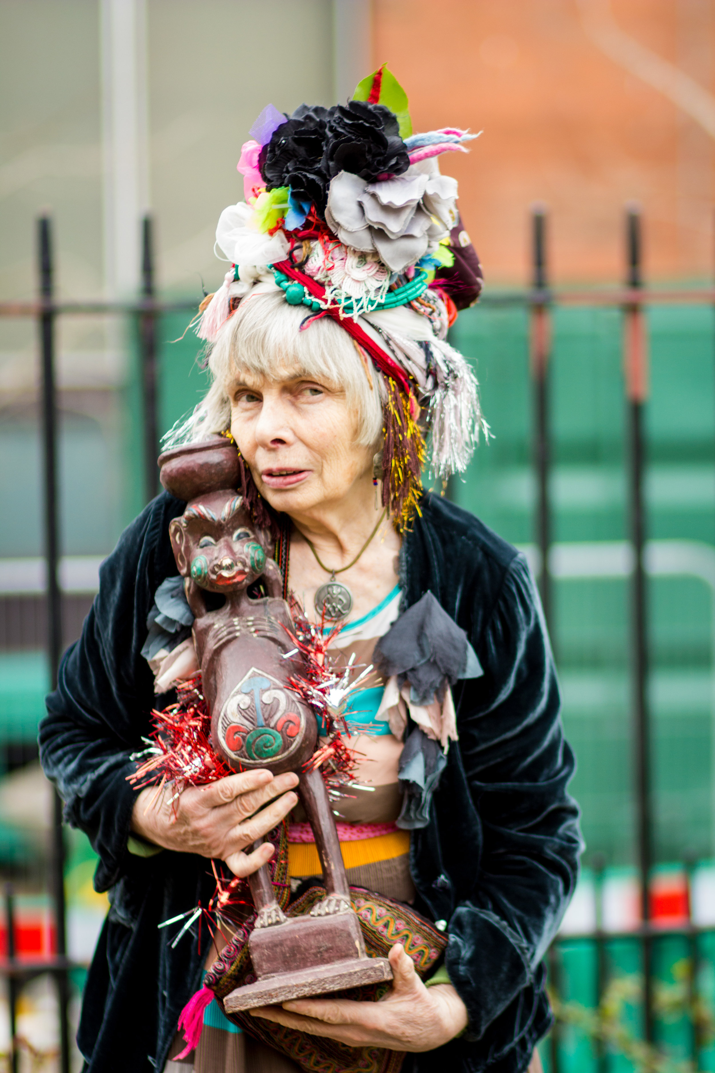 Raga Woods, March 2015 Raga is never short of attention, a painting of her has been hung in the National Portrait Gallery, she is a famous artist, activist and instigator. A regualr at the café, during the spring of 2015 she performed a fertility ritual with a sculpture she had found. We went outside to capture the moments before the performance. 