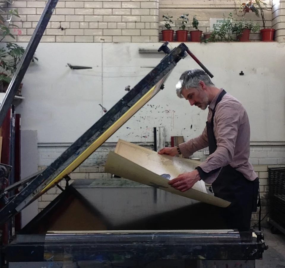 Gerry Turley making his new Humpback Whale screen prints at Edinburgh Print Studio
