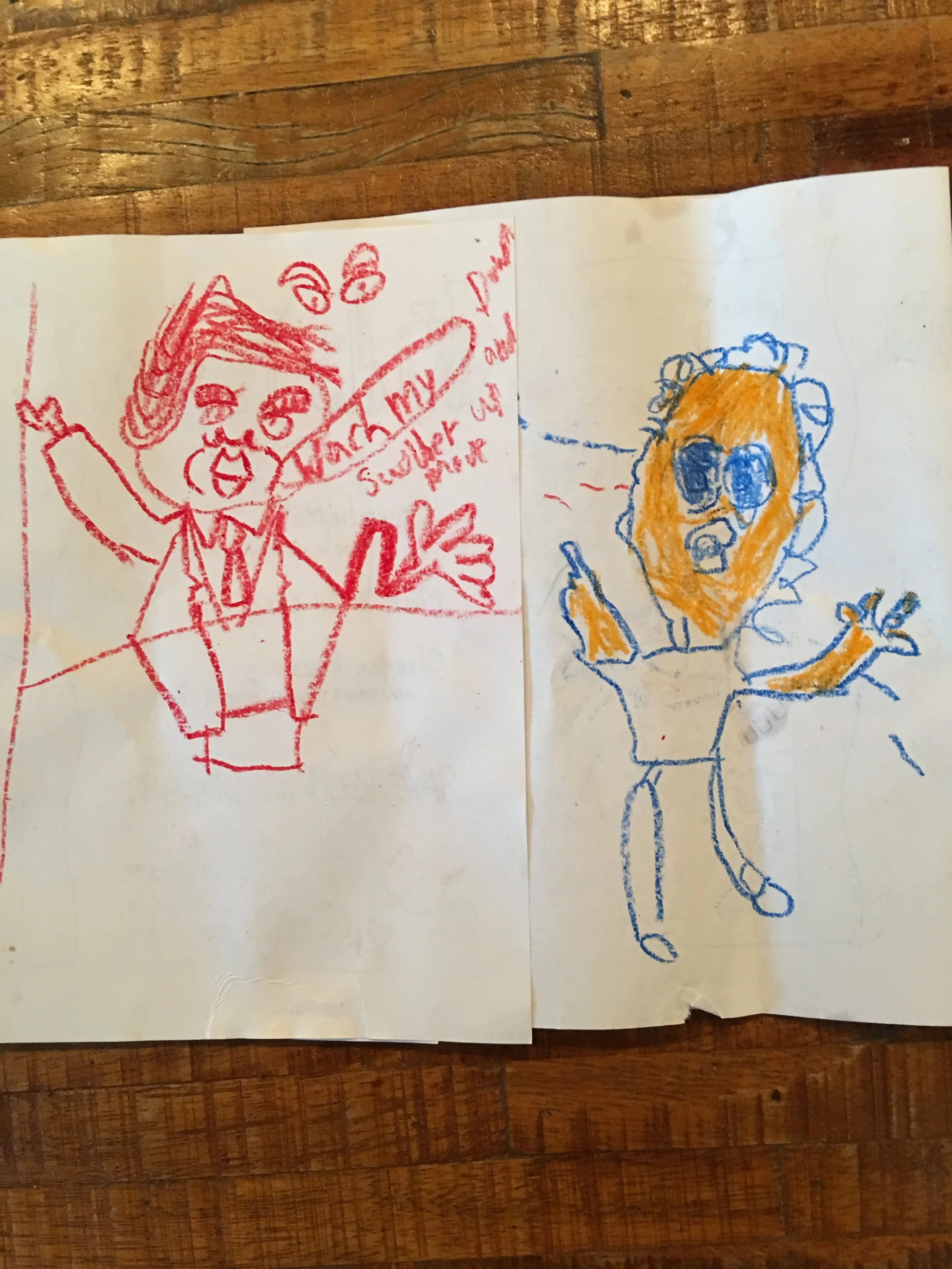 "Desperate Cheeto" - caricatures by a 9 year-old and 6 year-old