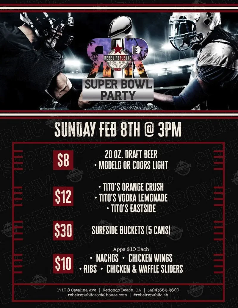 Super Bowl party flyer with football players, food and drink specials, and event details for Sunday, February 8 at 3 PM.