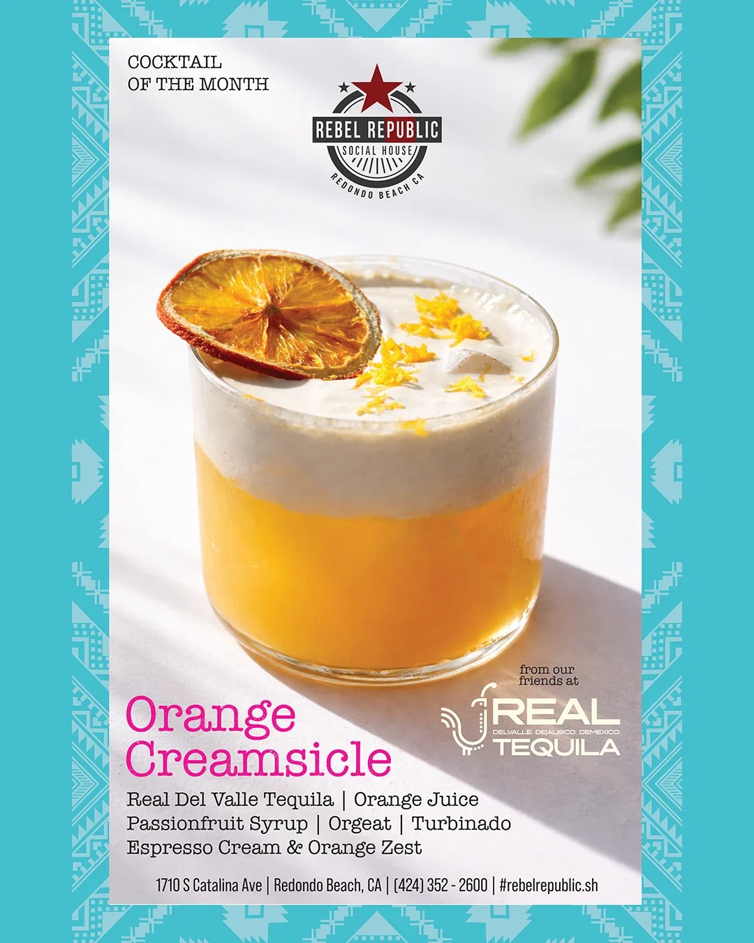 Rebel Republic’s Cocktail of the Month: Orange Creamsicle cocktail made with tequila, orange juice, and espresso cream foam, garnished with dried orange and orange zest.