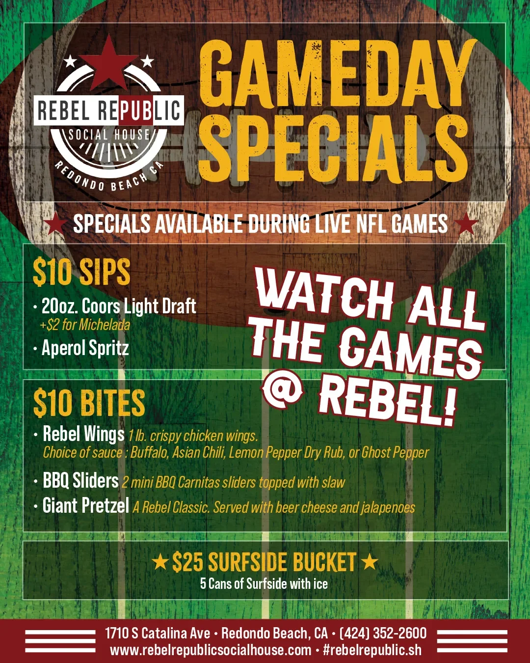 Rebel Republic Social House Gameday Specials featuring $10 drinks and bites, a $25 Surfside bucket, and NFL games shown live in Redondo Beach.
