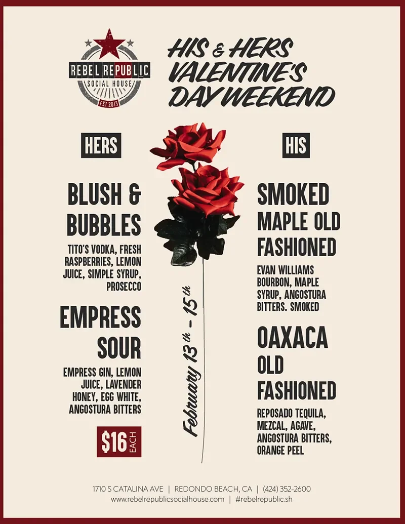 Valentine’s Day drink menu at Rebel Republic Social House showing His and Hers cocktails, red roses, and $16 pricing for February 13–15.