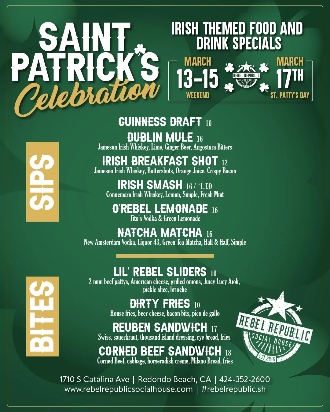 St. Patrick’s Celebration menu featuring dates and Irish-themed specials, including sliders, a corned beef sandwich, and drinks like Guinness, Irish Mule, and Irish Smash.