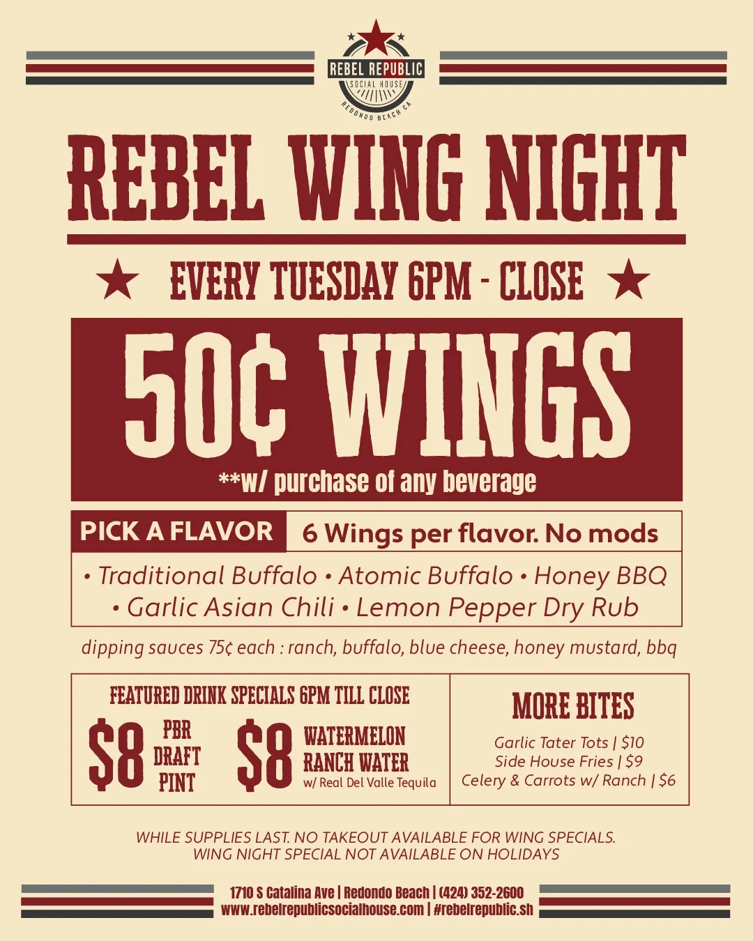 Rebel Republic Social House Wing Night flyer featuring 50¢ wings every Tuesday from 6 PM to close, plus drink specials and additional bites.