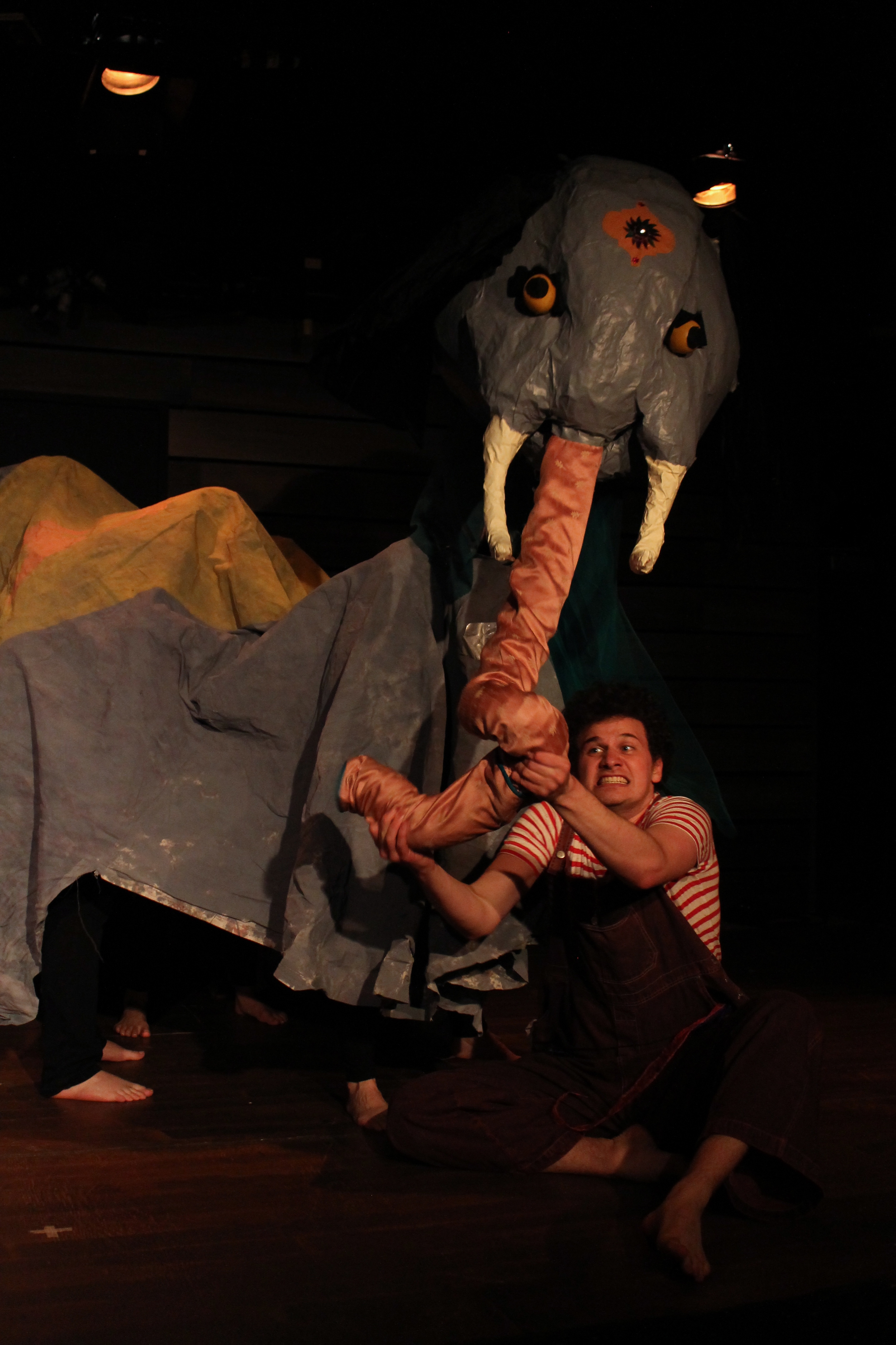  Jack Meets the Cat, directed by Sara Tilley for the Stephenville Theatre Festival, 2014. Featuring Erik Mrakovcic and elephant puppet designed by Tara Manuel, photo by Stephen Tracey.&nbsp; 