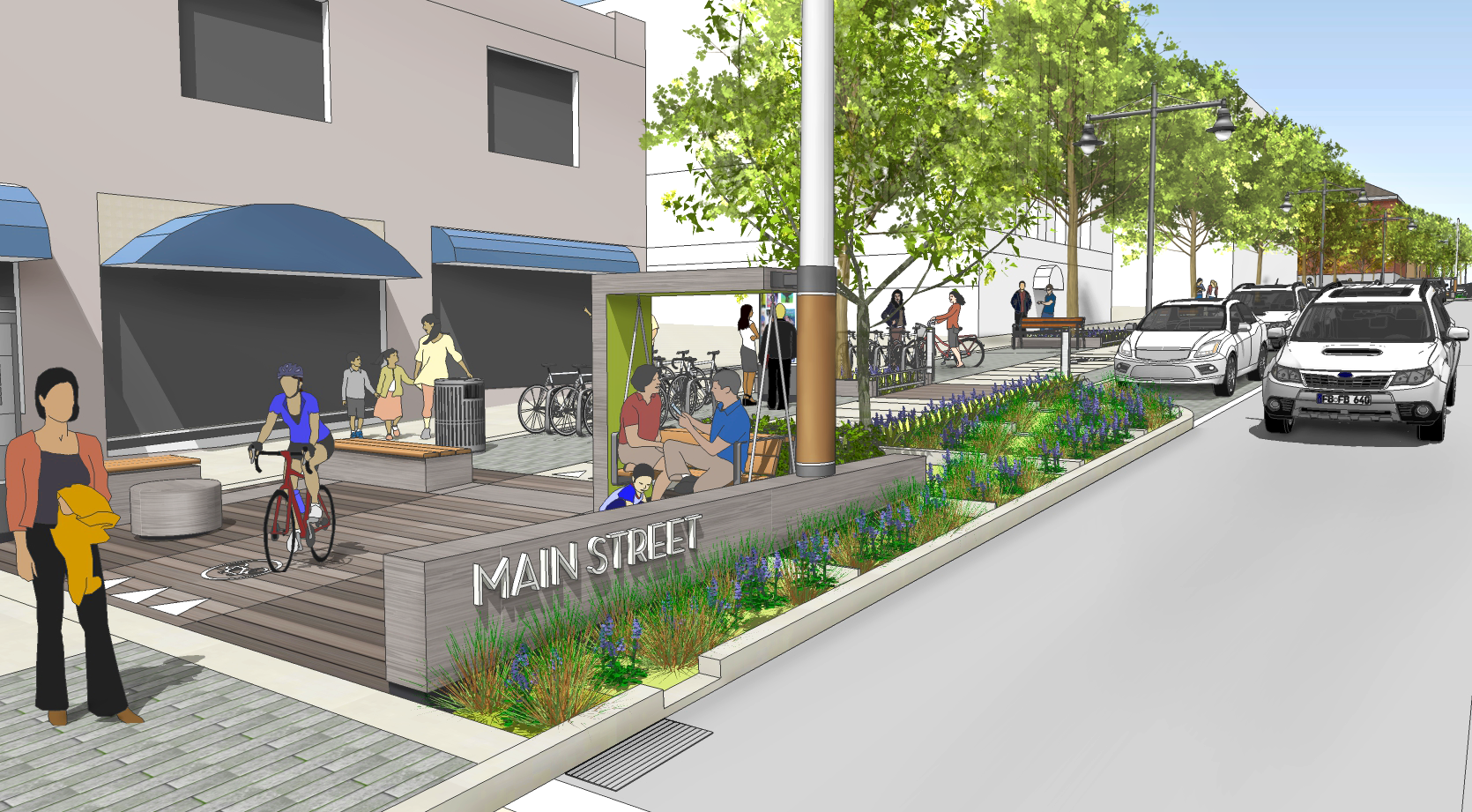 Placemaking and stormwater infrastructure at typical Main Street intersection (click for larger image)