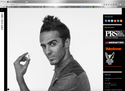 Dru's website contains information about his endorsements, social media connections, press, music, a personal journal & Tumblr, videos, a photo gallery, and Dru's own line of products. Pictured: Dru holding a guitar pick with his logo.
