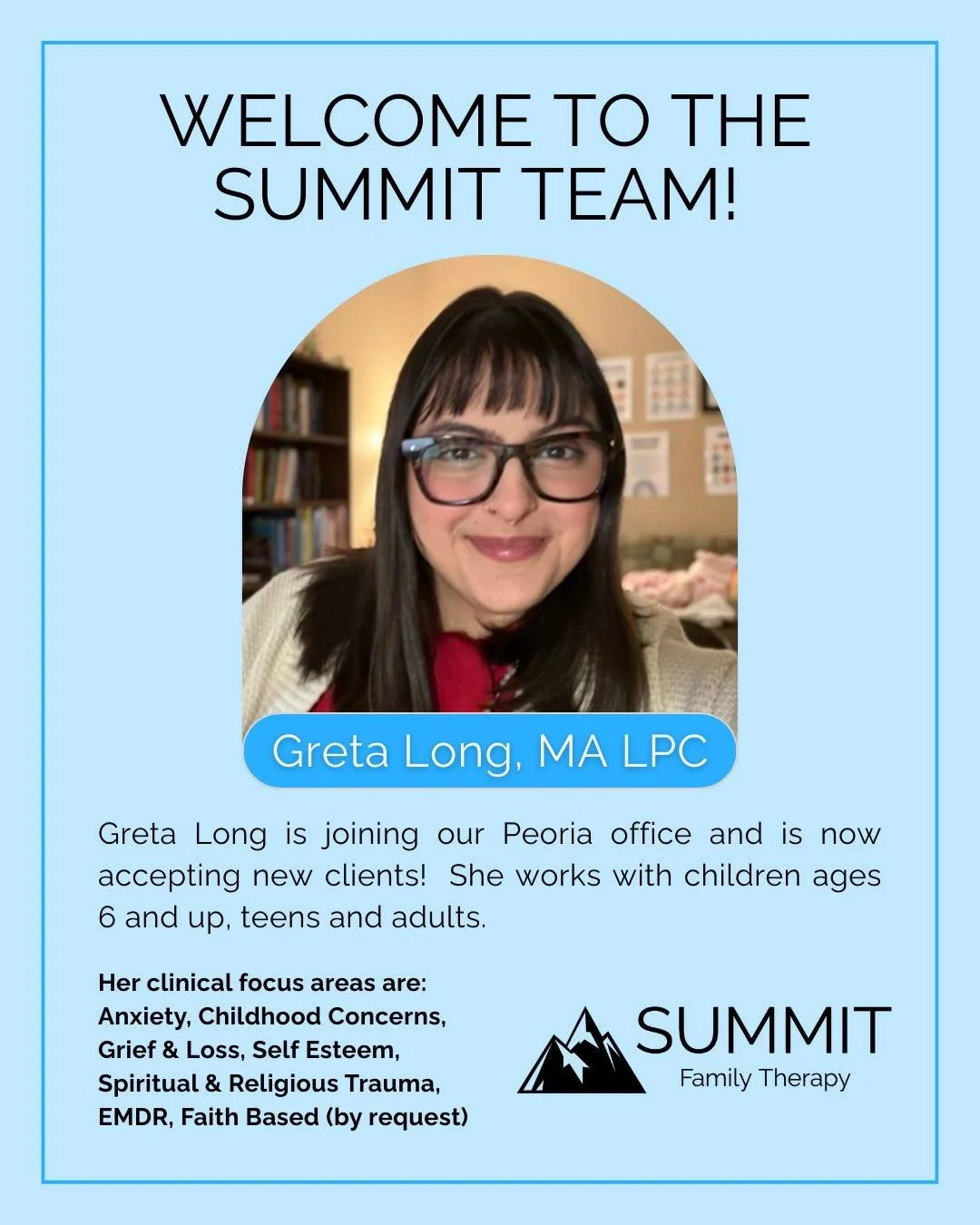 💙 Exciting team news! 💙
I&rsquo;m so happy to welcome Greta Long, MA, LPC to the Summit Family Therapy team.

Greta brings a calm, thoughtful presence and a deep respect for each client&rsquo;s story. Her work is relational, collaborative, and grou