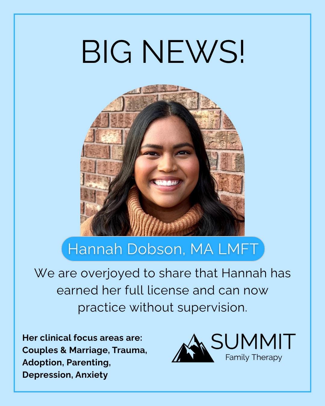 We&rsquo;re thrilled to share that Hannah Dobson, MA LMFT has officially earned her independent credential as a Licensed Marriage and Family Therapist! This is a HUGE professional milestone and a testament to her dedication, growth, and commitment to