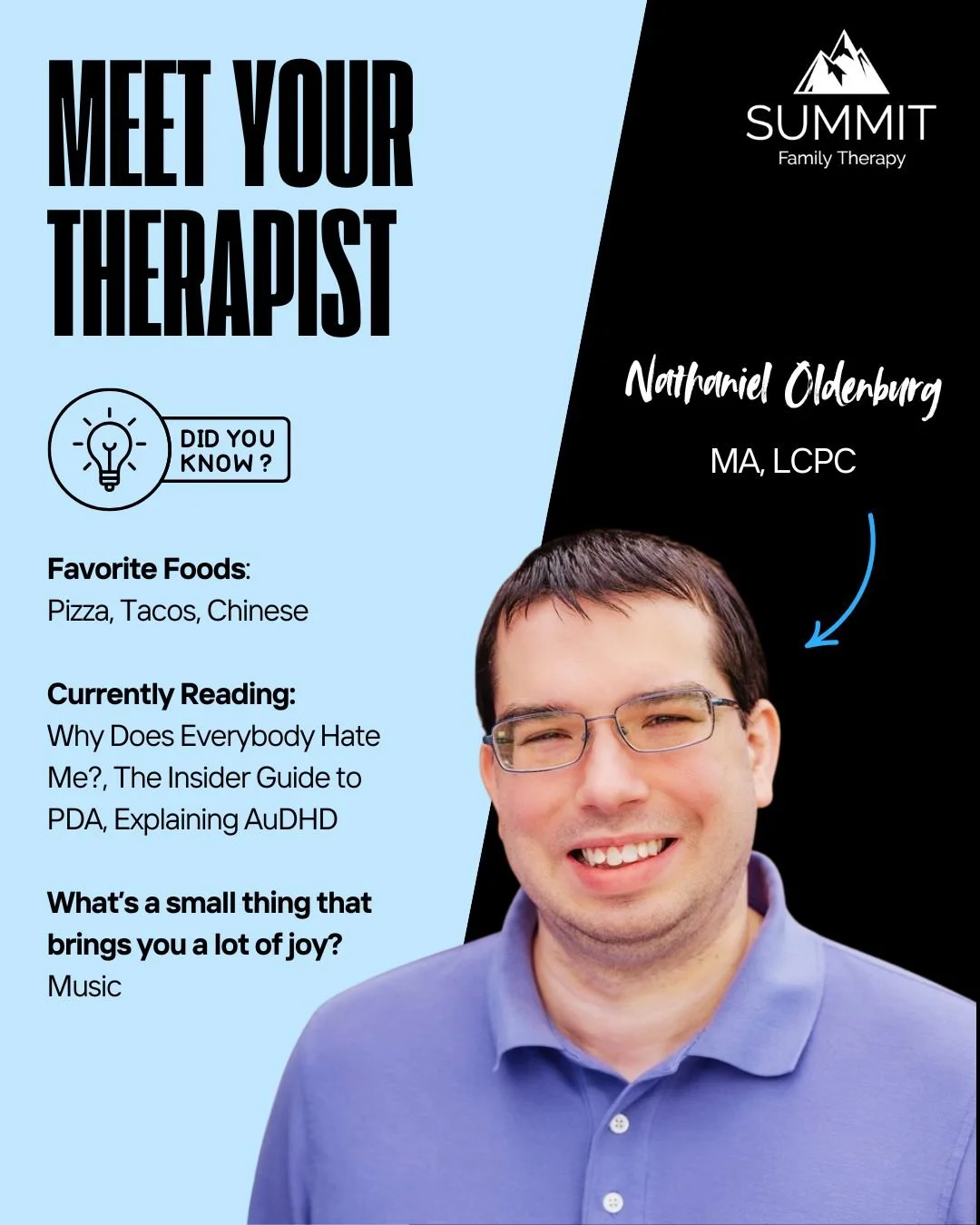 Nathaniel brings a steady, thoughtful presence to the therapy space&mdash;grounded, curious, and deeply attuned to what helps people feel understood. Whether it&rsquo;s the regulating power of music 🎶 or a genuine, compassionate approach to care, Na