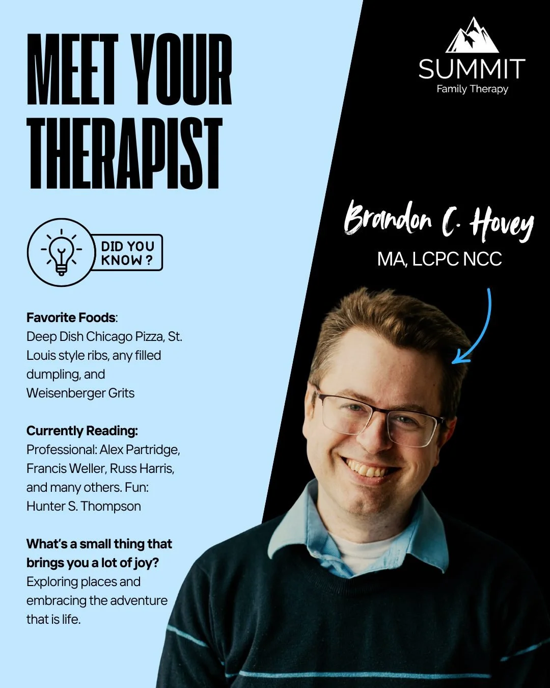 Brandon brings curiosity, thoughtfulness, and a steady presence into the therapy space. He values growth, exploration, and helping people approach life&rsquo;s challenges with openness and courage.

Also a fan of deep‑dish pizza and good books&mdash;