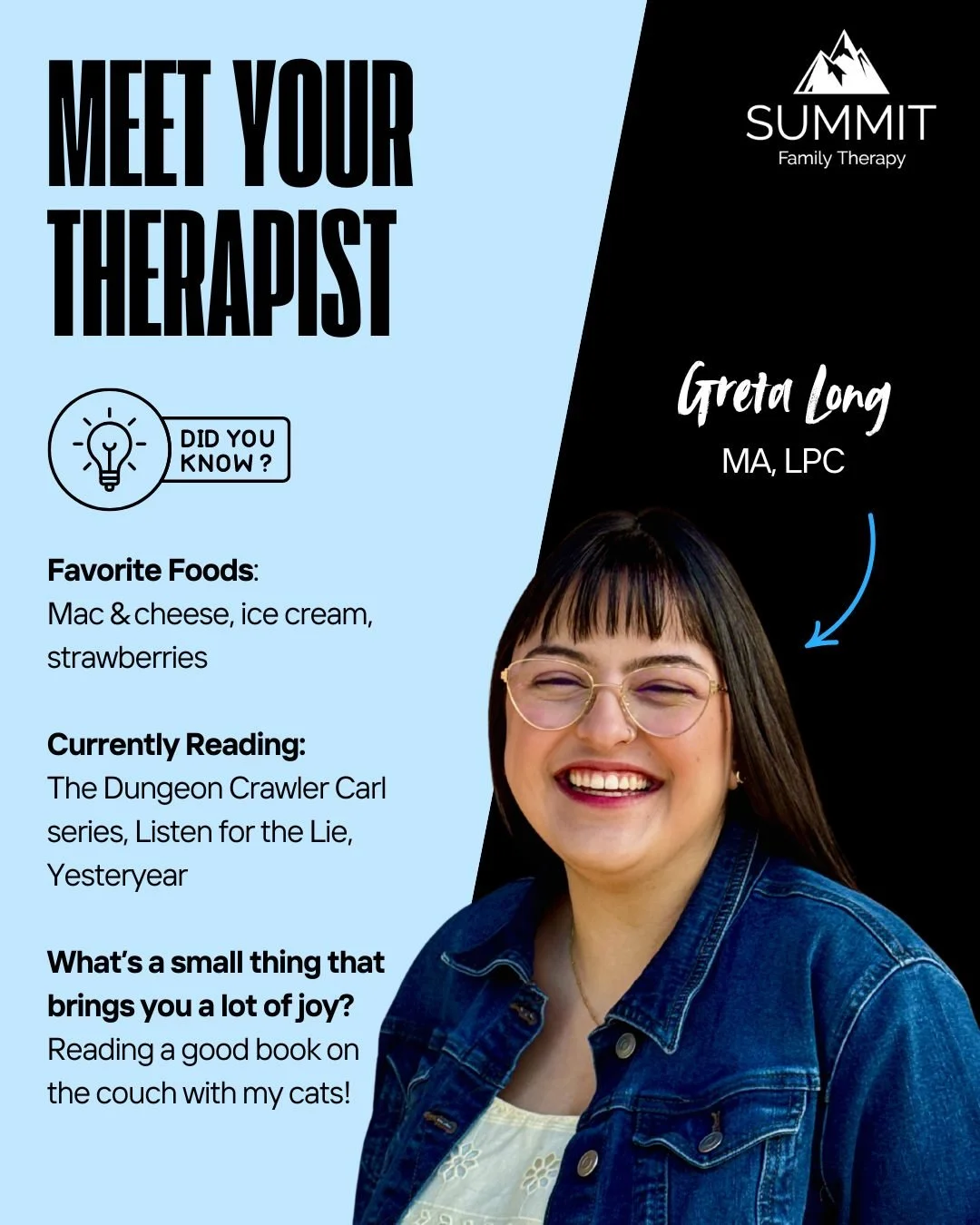 👋 Meet Your Therapist: Greta Long, MA, LPC
Let us introduce you to Greta&mdash;one of the lovely humans on our Summit Family Therapy team! 💙

A few fun facts about Greta:
🧀 Go‑to favorites include mac &amp; cheese, ice cream, and strawberries
📚 S