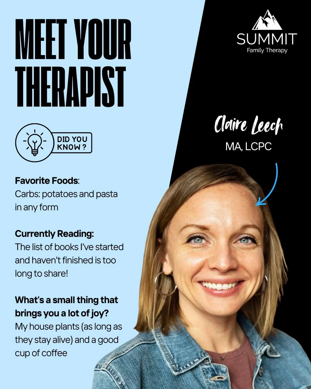 ✨ Meet Your Therapist: Claire Leech, MA, LCPC ✨
We&rsquo;re excited to introduce (or re‑introduce!) Claire Leech, one of the incredible therapists here at Summit Family Therapy. 💙

A few fun things to know about Claire:
🥔🍝 Favorite carbs? Potatoes